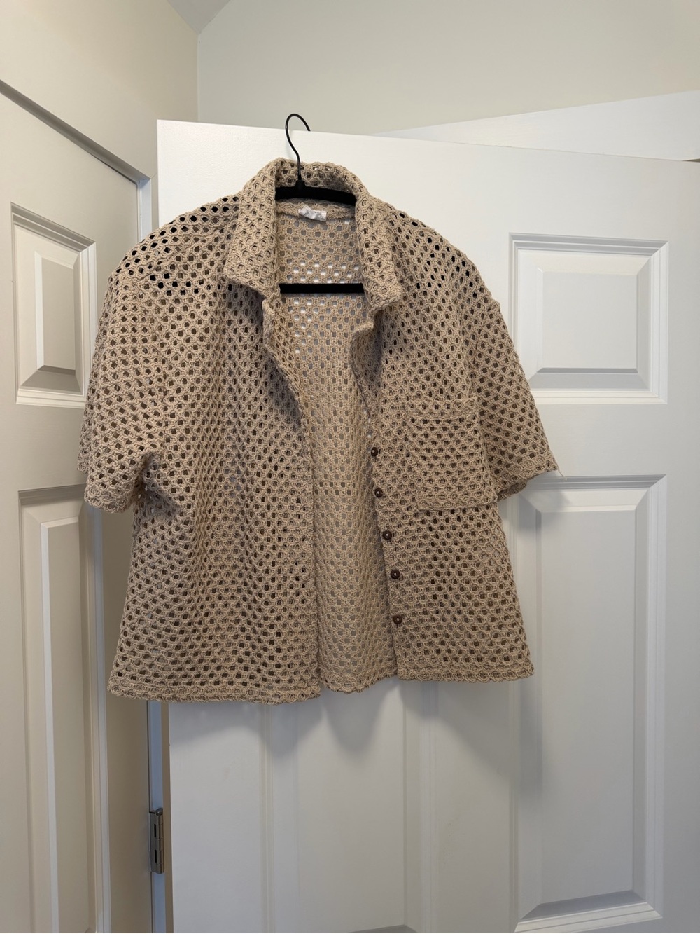 Cotton On Beige Crochet Button-Down Short Sleeve Shirt